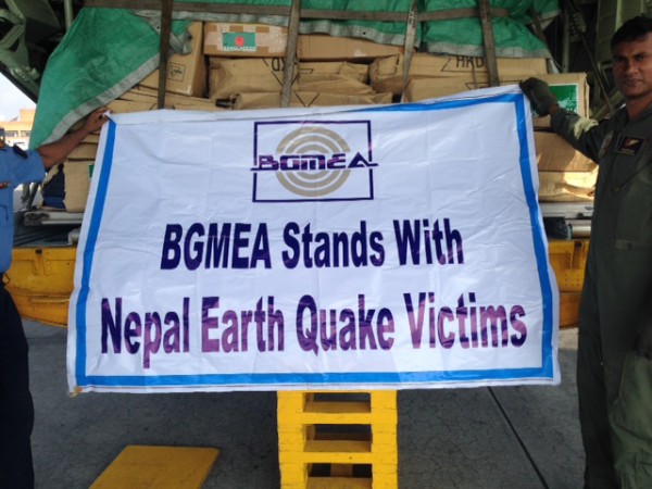 BGMEA President Md. Atiqul Islam and Vice President Shahidullah Azim went to Nepal with more than ten thousand clothes early this morning by a special BAF flight and handed over the clothes to Nepal authority to distribute those among the earthquake victi